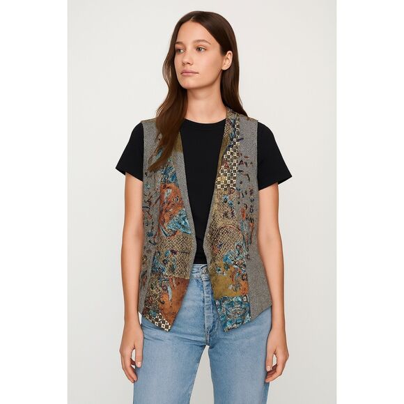 Vintage Chico’s Wool Blend Boho Patchwork Beaded Vest - Picture 1 of 7